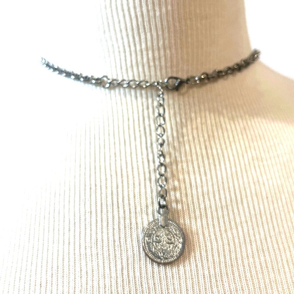2-Tiered Grecian Silver-tone Coins with Turquoise Accents- Bib Necklace - Picture 4 of 5